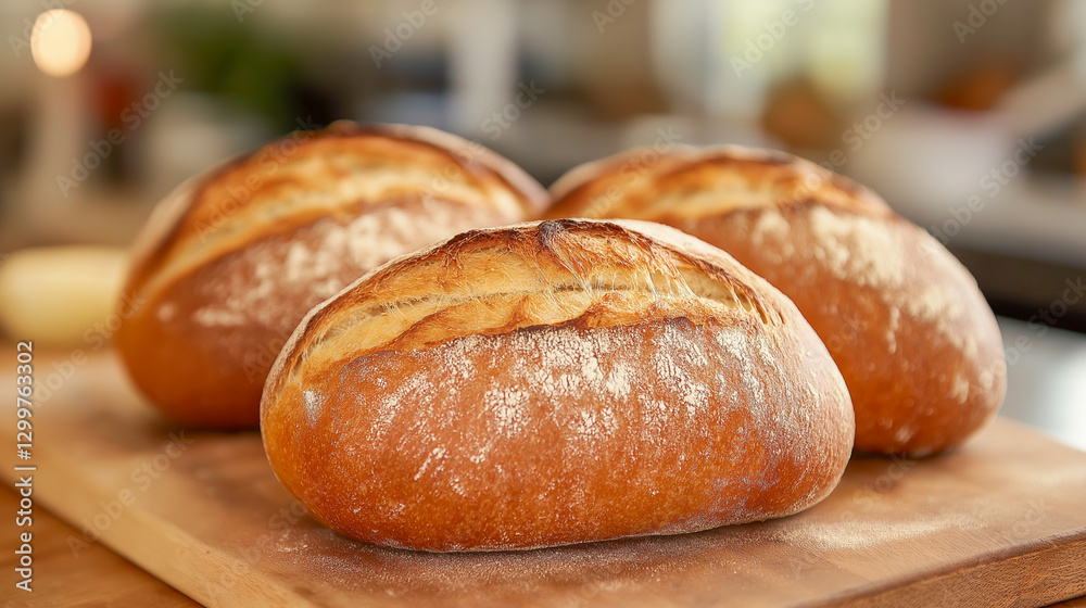 Freshly baked artisan bread loaves cooling on a wooden board Freshly baked artisan bread loaves cooling on a wooden board