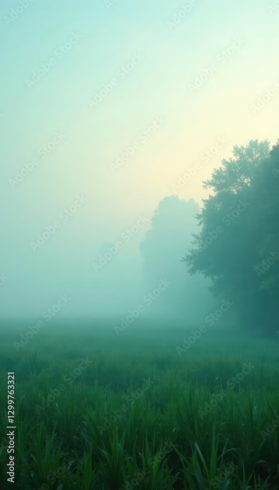 Fototapeta premium Gentle misty morning with gradient colors of blue and green, peaceful, soft, gradient