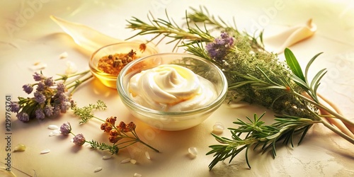 Vintage Style Herb & Cream Still Life: White Background Stock Photo