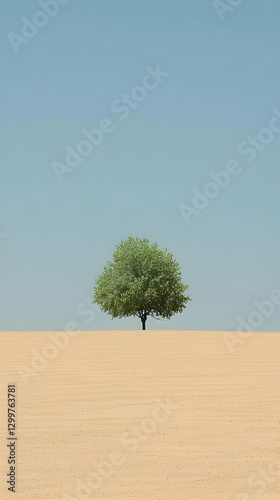Single Green Tree in Tan Desert under Blue Sky