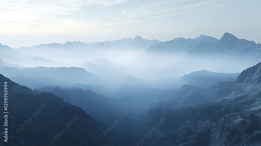 A high mountain pass shrouded in early mist with rugged terrain in crisp detail A high mountain pass shrouded in early mist with rugged terrain in crisp detail