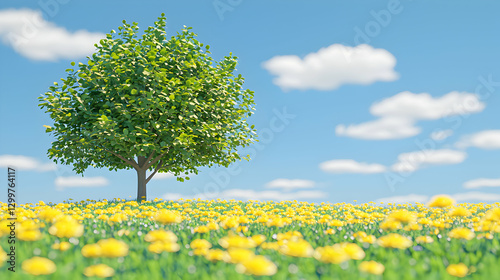 Single Tree in a Field of Yellow Dandelions Under a Blue Sky