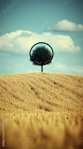 Single Tree in a Golden Wheat Field Under a Blue Sky