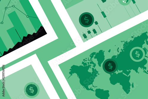 Generate an abstract visual representation of stock market data, using dynamic lines and shapes, incorporating currency symbols,  and vibrant color gradients.