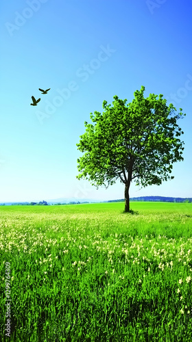 Single Tree in a Verdant Field Under a Bright Blue Sky