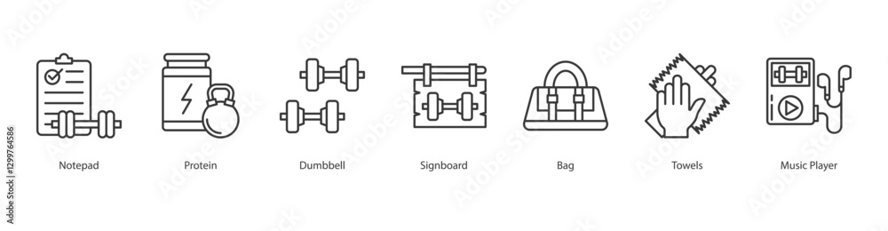 Stretching Icon Sheet notepad, protein, dumbbell, signboard, bag, towels, music player Stretching Icon Sheet notepad, protein, dumbbell, signboard, bag, towels, music player