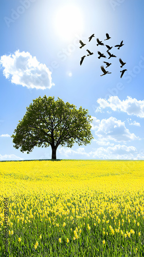 Single Tree in a Vibrant Yellow Flower Field Under a Sunny Sky with Birds in Flight