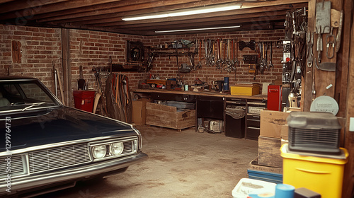 An 80s garage cluttered with tools and cars. photo