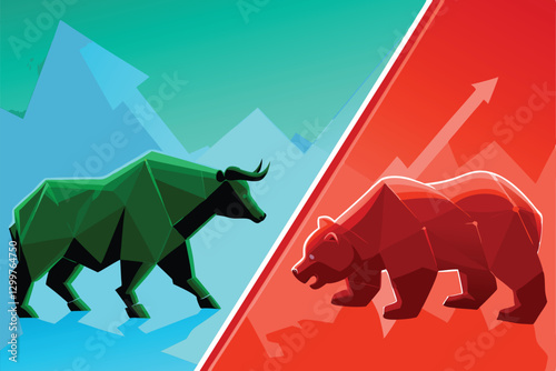 Abstract polygonal bull and bear market figures, geometric low-poly design, contrasting colors, representing financial market forces.