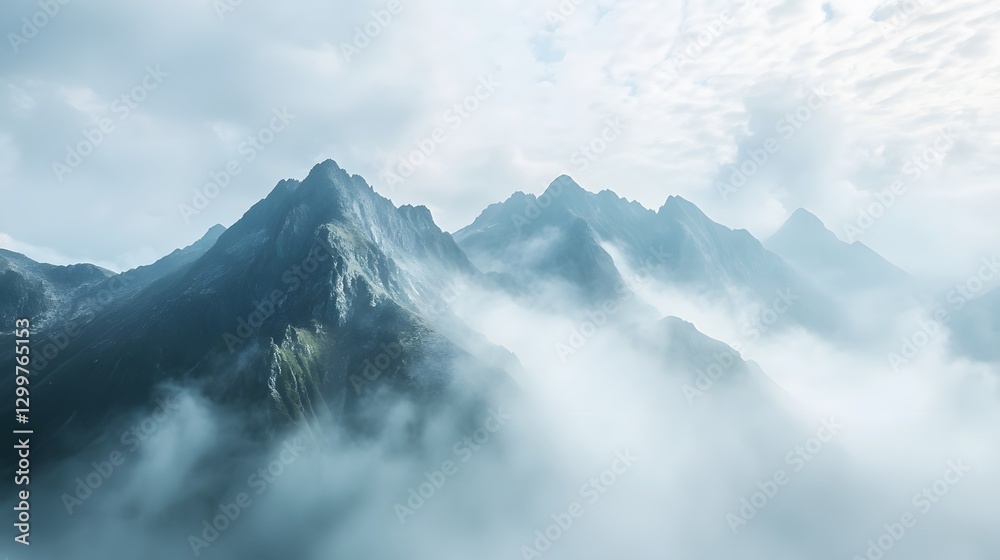 Foggy Mountain Landscape with Clouds and Snow-Capped Peaks Foggy Mountain Landscape with Clouds and Snow-Capped Peaks