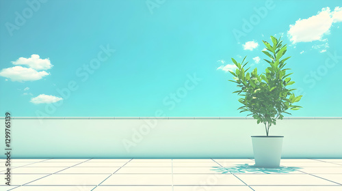 Small Green Plant in White Pot on Rooftop Against Blue Sky