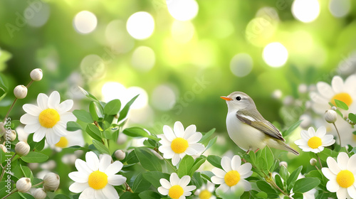 Small Bird Among White Daisies in a Green Garden