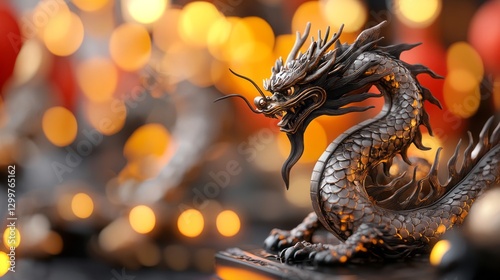 Close-up photo of a Chinese metal dragon sculpture with a blurred background. photo