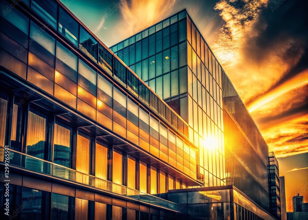 Fototapeta premium Vintage Sunset Glow: Modern Architecture Silhouette Stock Photo