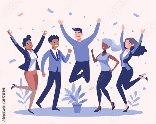 Business Team Success with Diverse Team Jumping for Joy and Festive Tinsel – Vector Illustration