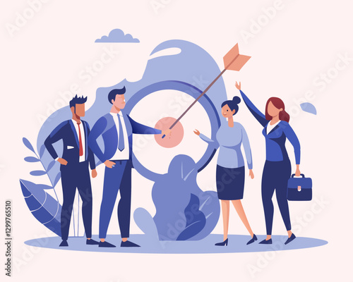 Business Target Concept with Leader Guiding Team Towards Goal – Vector Illustration