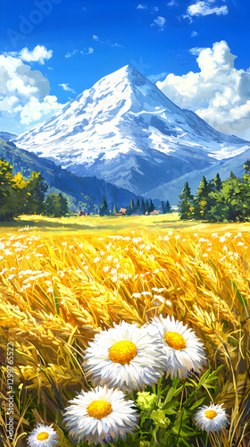 Snow Capped Mountain and Golden Wheat Field with Daisies