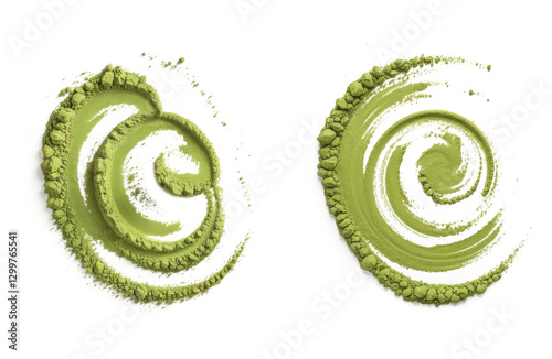 matcha green tea powder swirls on white background