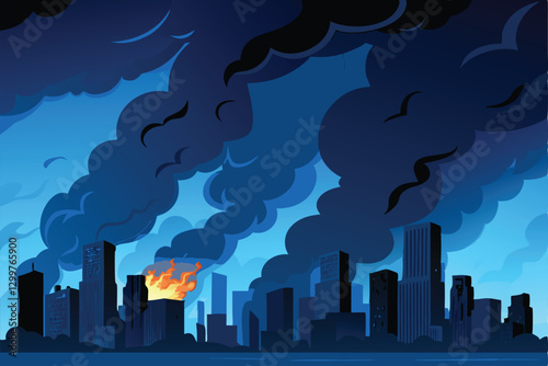A dramatic, dark cityscape engulfed in flames, billowing smoke obscuring a devastated skyline at night.