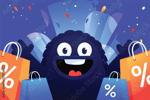 A friendly, colorful monster happily surrounded by overflowing shopping bags, showcasing a joyful shopping spree.