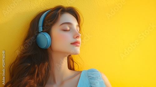 Woman listen music headphone close eyes enjoy the moment summer spring season yellow background.