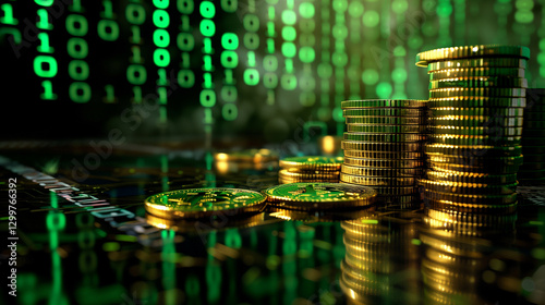 Stacks of golden cryptocurrency coins with digital matrix background, representing blockchain finance