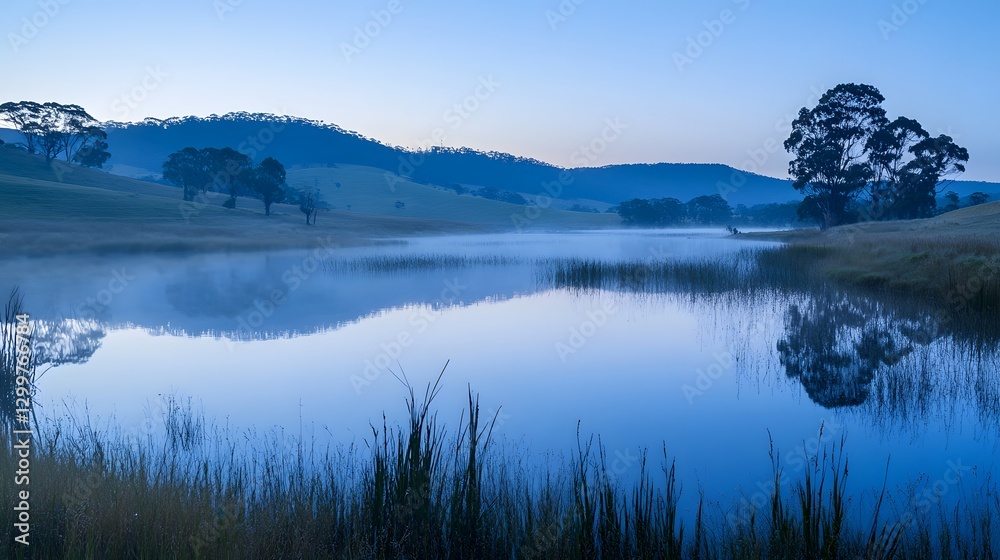 Fototapeta premium Misty mountain landscape with lake river and rolling hills