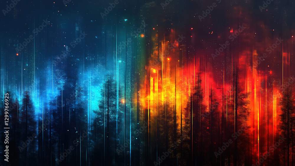 Colorful abstract digital landscape with vertical bars and glowing lights in blue, red, and black hues Colorful abstract digital landscape with vertical bars and glowing lights in blue, red, and black hues