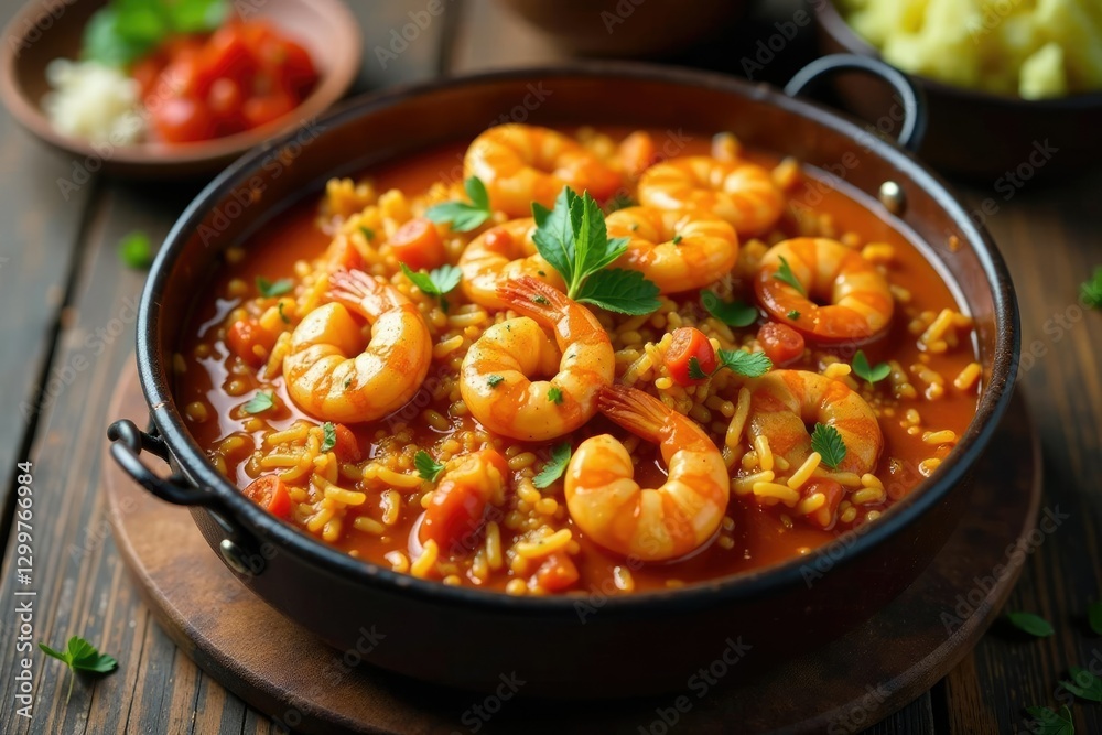 Fragrant basmati rice and prawns simmered in a spicy tomato sauce, pot, spices