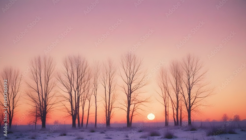 Fototapeta premium winter, landscape, snow, trees, pine, sunset, twilight, serene, tranquil, forest, pastel, gradient, sky, moon, soft, calm, peaceful, scenic, nature, atmospheric, elegant, artistic, minimalist, aesthet