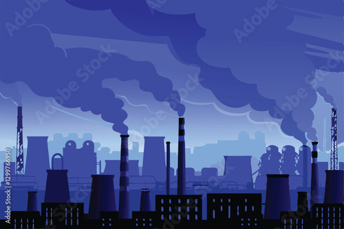 A gritty, smog-filled cityscape, dominated by tall industrial chimneys belching dark smoke, showcasing a bleak, polluted urban environment.