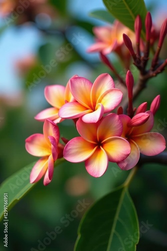 fragrant frangipani flowers on Oahu tree branches, blossom, hawaii, branches
