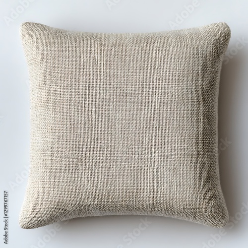 Beige cushion on white background, top view