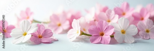 Forget-me-nots in soft pastel hues blooming on a pristine white surface, floral arrangement, delicate petals