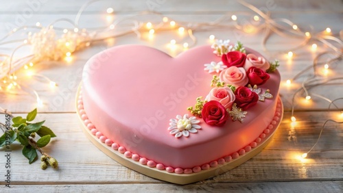 Heart-shaped confectionery adorned with delicate sugar flowers, nestled amidst a warm, ambient glow of fairy lights on a rustic white surface.