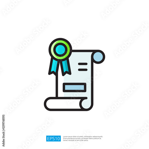 Award ribbon on scroll representing achievement and recognition in education and success illustrated in colorful flat design style