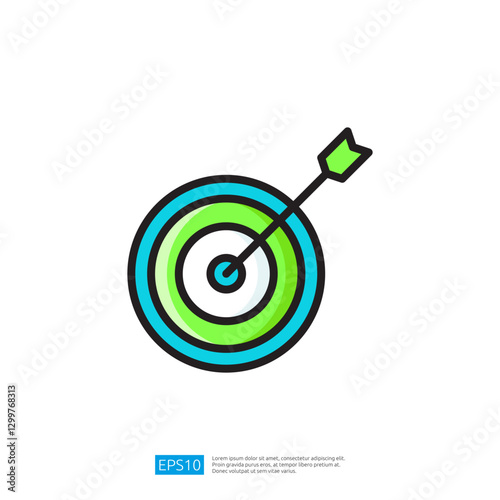 Illustration of a target with an arrow hitting the bullseye in vibrant green and blue colors symbolizing success and precision in achieving goals and objectives.