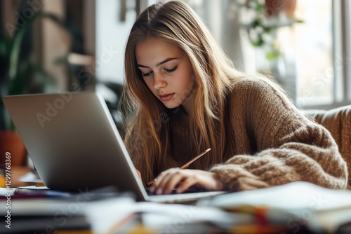 Free Download A student, young woman, in a study room, deeply focused on completing her homework on a laptop, with her notes and assignments spread out. - GFXLoad