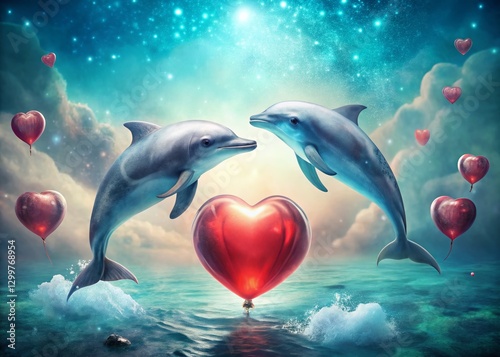 Watercolor Valentine Dolphins: Playful Marine Love Heart Bubbles photo