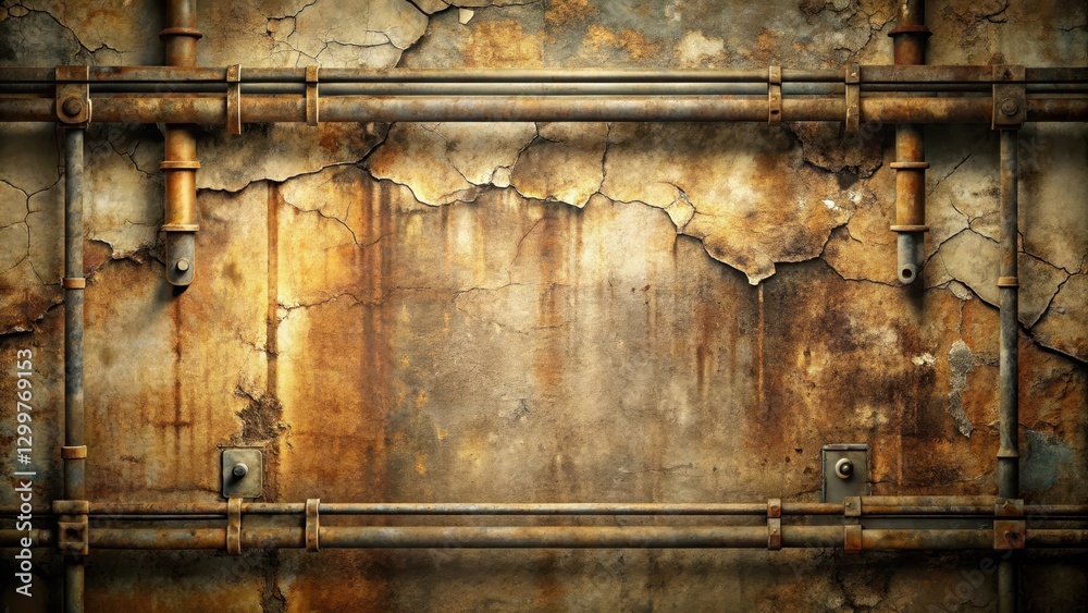 Fototapeta premium Rustic Weathered Wall with Industrial Piping Detail Featuring Aged Metal Texture and Cracked Plaster Surface