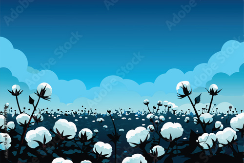 A breathtaking vista of a sun-drenched cotton field, showcasing fluffy white cotton blooms in full bloom under a wide, partly cloudy sky.