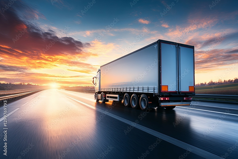Semi-Truck on Highway at Sunset: Serene, Golden-Hour Trucking Scene Semi-Truck on Highway at Sunset: Serene, Golden-Hour Trucking Scene