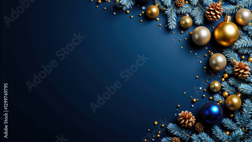 legant Christmas Decorations with Blue and Gold Ornaments on Pine Branches