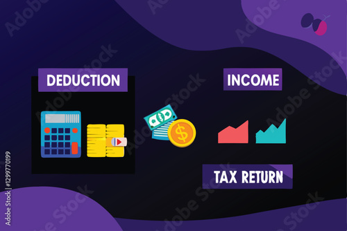Design a vibrant collage visualizing key tax terms and financial ICOs, incorporating relevant imagery and a modern aesthetic.