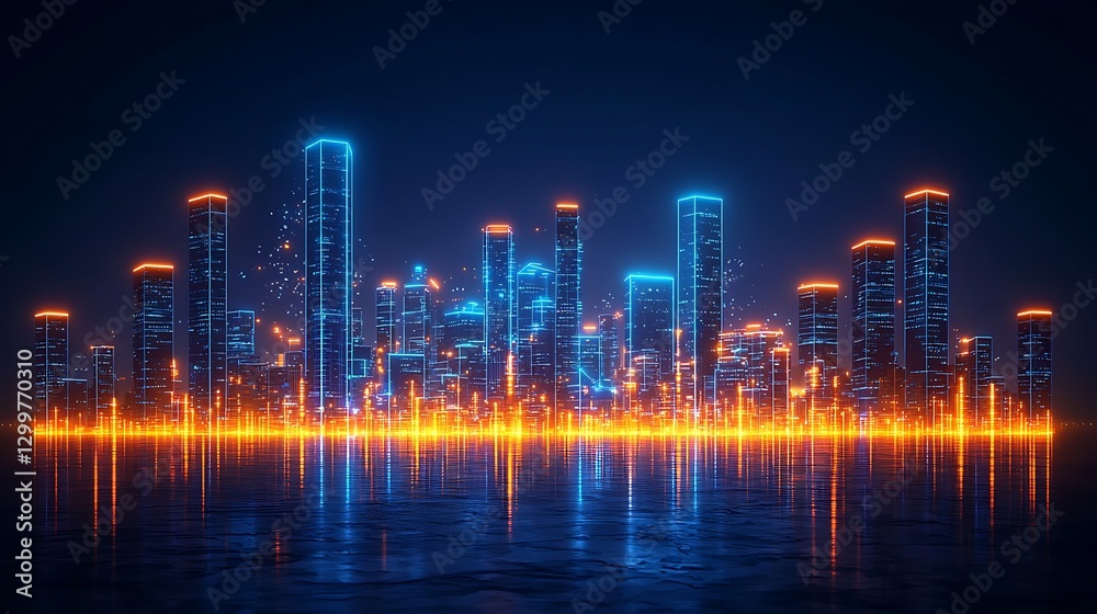 Obraz premium City skyline at night with blue and orange lights reflecting on the water
