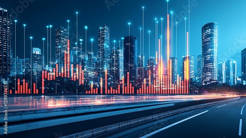 City skyline with red bar graph overlay at night, cars light trails, used for business