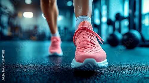 Feet wearing pink shoes running in a gym with exercise equipment in the background