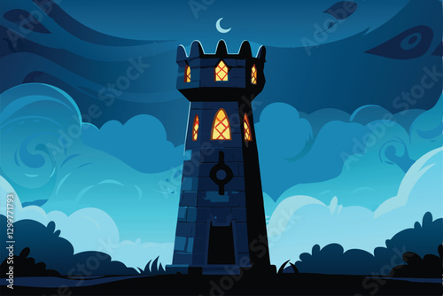 A menacing dark wizard's tower, craggy and imposing, silhouetted against a swirling, violent storm.  Eerie lightning illuminates the scene.
