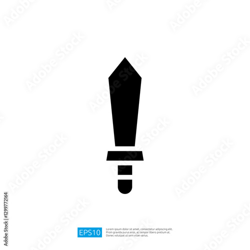 Stylized silhouette of a sword with a sharp blade and detailed hilt representing strength and heroism in a minimalist black icon design for thematic and artistic purposes