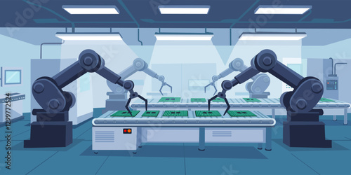 Automated Production Line with Robotic Arms Assembling Circuit Boards in a High-Tech Factory vector illustration